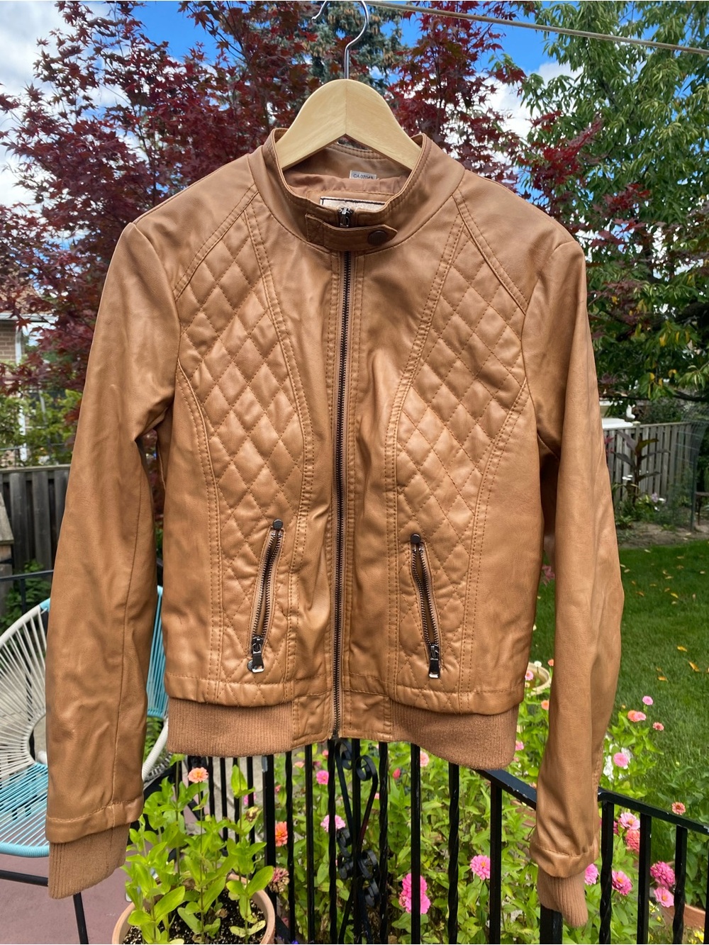 Ci Sono Tan Quilted Faux Leather Bomber Jacket